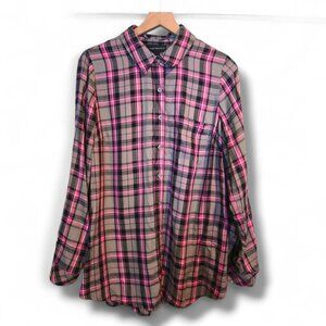 Lane Byrant button-up shirt womens 10/12 pink gray plaid long-sleeve